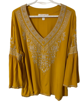 Chelsea & Theodore Mustard V-Neck Embroidered Bell Sleeve Tunic Size XXL